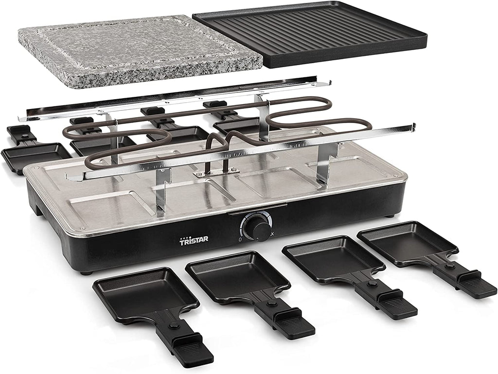 Raclette Grill e Pietra per 8 Persone 1400 W Alluminio pressofuso Nero