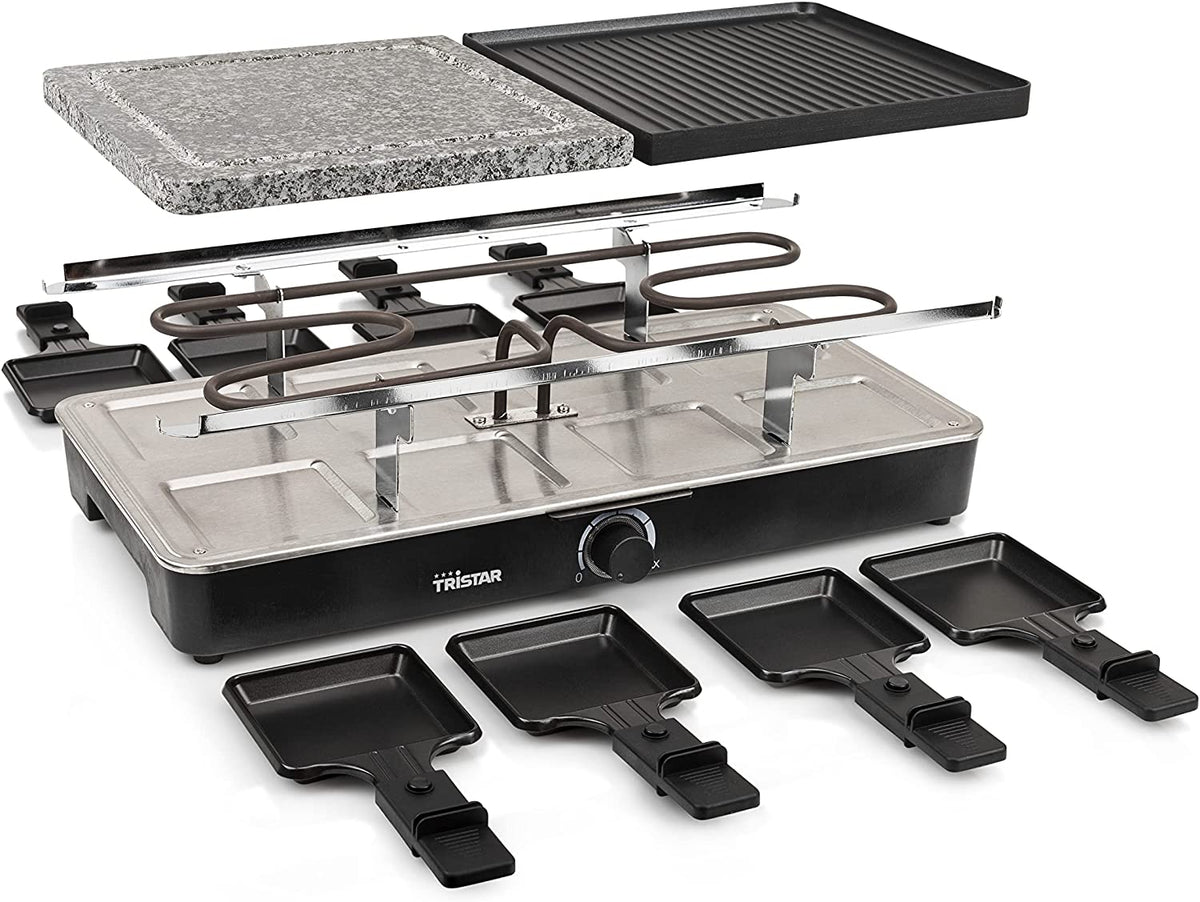 Raclette Grill e Pietra per 8 Persone 1400 W Alluminio pressofuso Nero