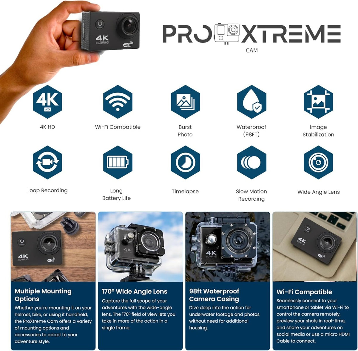 Action Camera 4K Ultra HD 16MP Impermeabile fino a 30m con Wi-Fi, Grandangolo 170°, Display LCD 2"