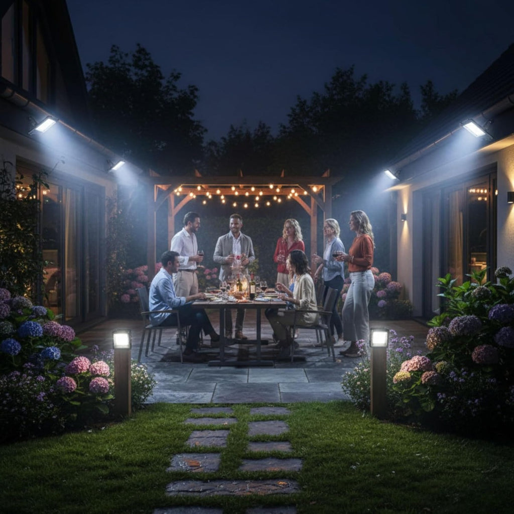 Shunjiuboy Faro LED Solare 400W con Sensore Crepuscolare, Telecomando e Timer, Luce Bianca Fredda 6500K, IP67