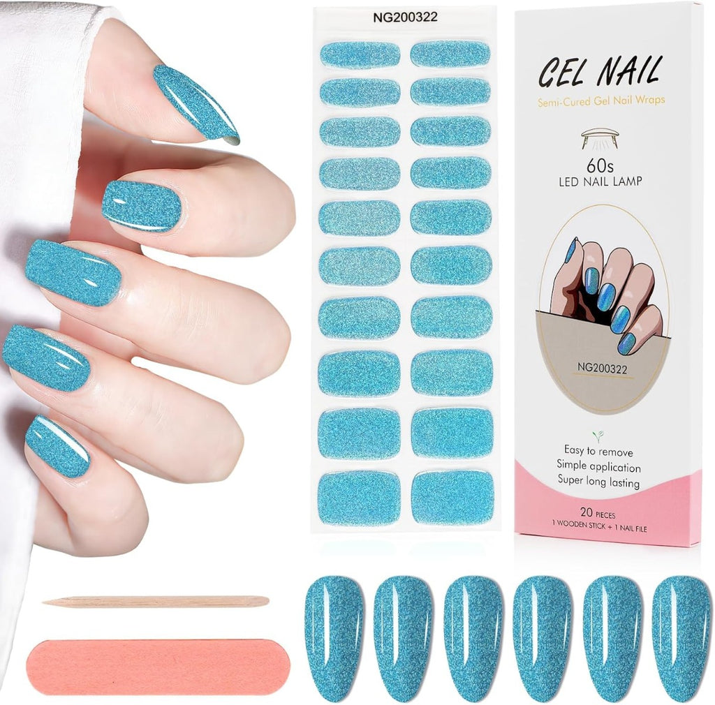 Kit Adesivi per Unghie in Gel Semipolimerizzato - 20 Strisce Autoadesive con Accessori per Manicure azzurro glitterato