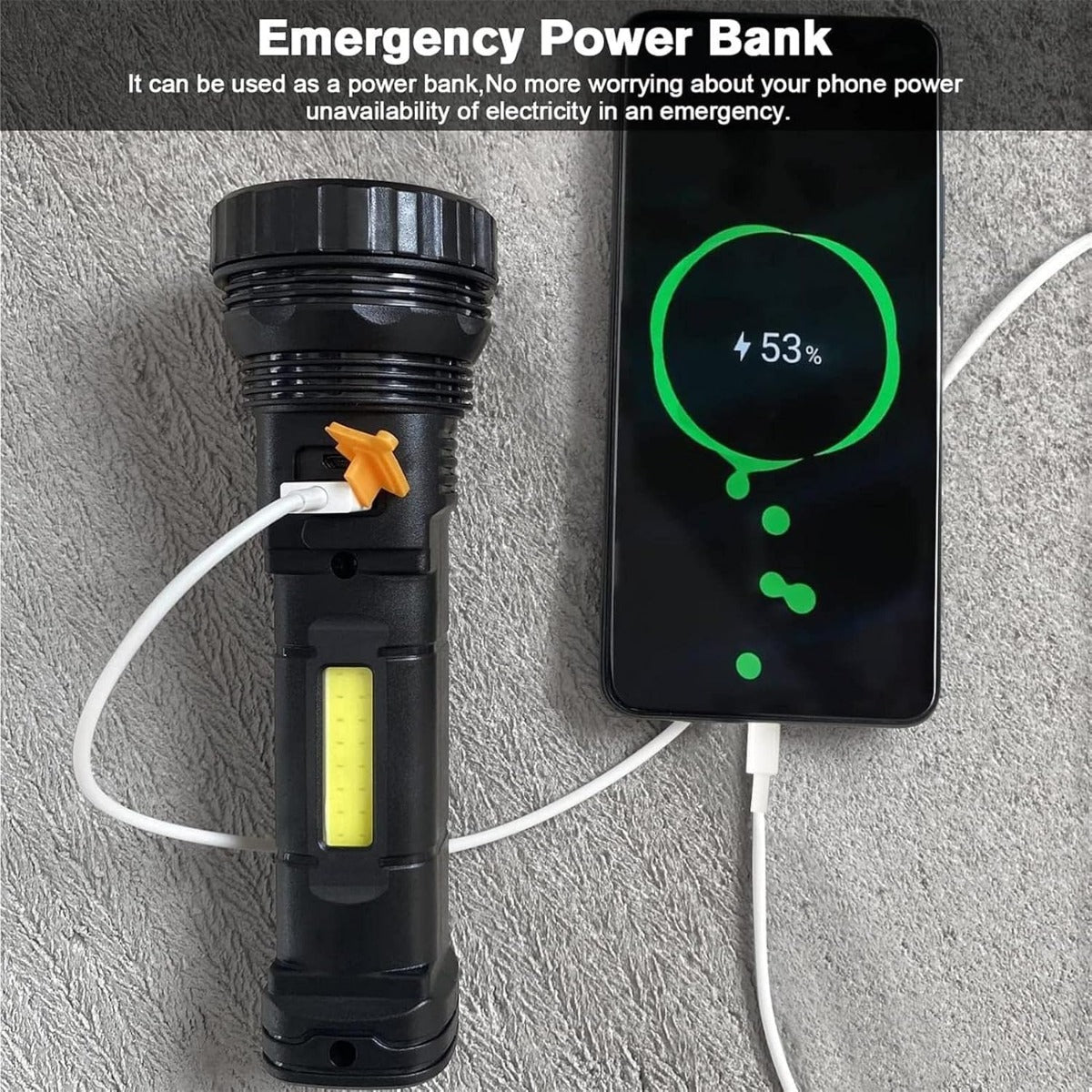 Torcia LED a Energia Solare con Ricarica USB, Impermeabile e Multifunzionale per Emergenze, Campeggio, Pesca, e Sopravvivenza