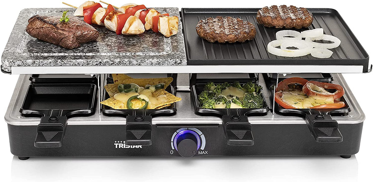 Raclette Grill e Pietra per 8 Persone 1400 W Alluminio pressofuso Nero