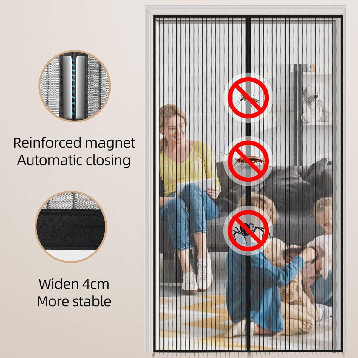 Zanzariera Magnetica per Porta 90 x 210 cm – Tenda Anti-Insetti con Chiusura Automatica Magnetica, Rete in Poliestere Resistente - Nero