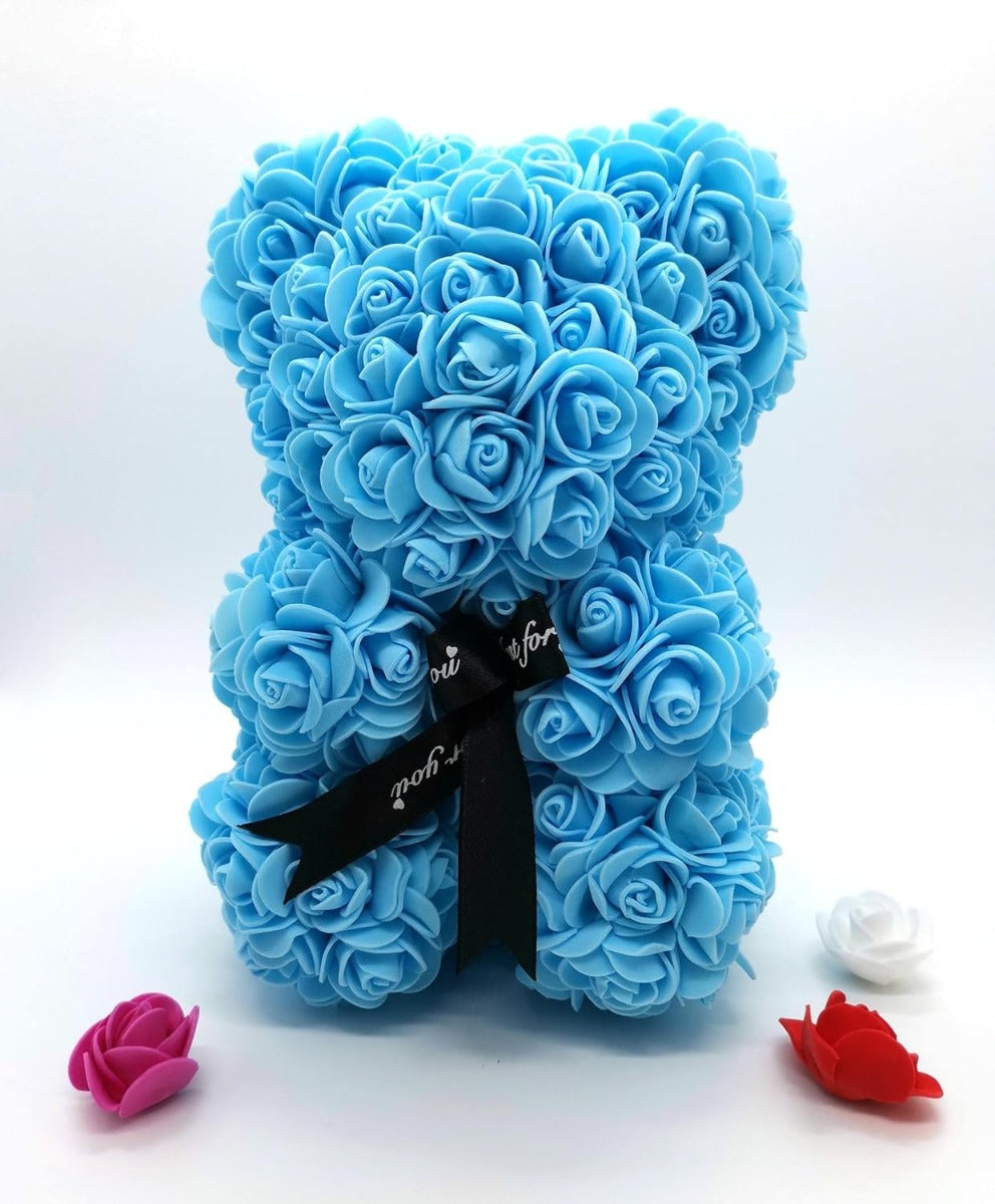 Orsetto con Rose Artificiali Fatto a Mano (celeste)