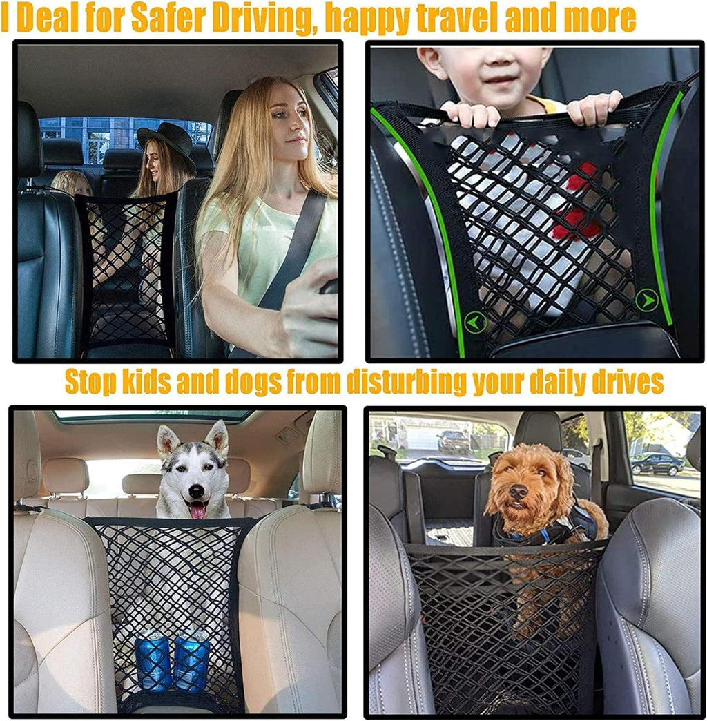 Rete Portaoggetti per Auto con 4 Ganci, Organizzatore per Sedile con 2 Tasche, Barriera di Sicurezza per Animali e Bambini