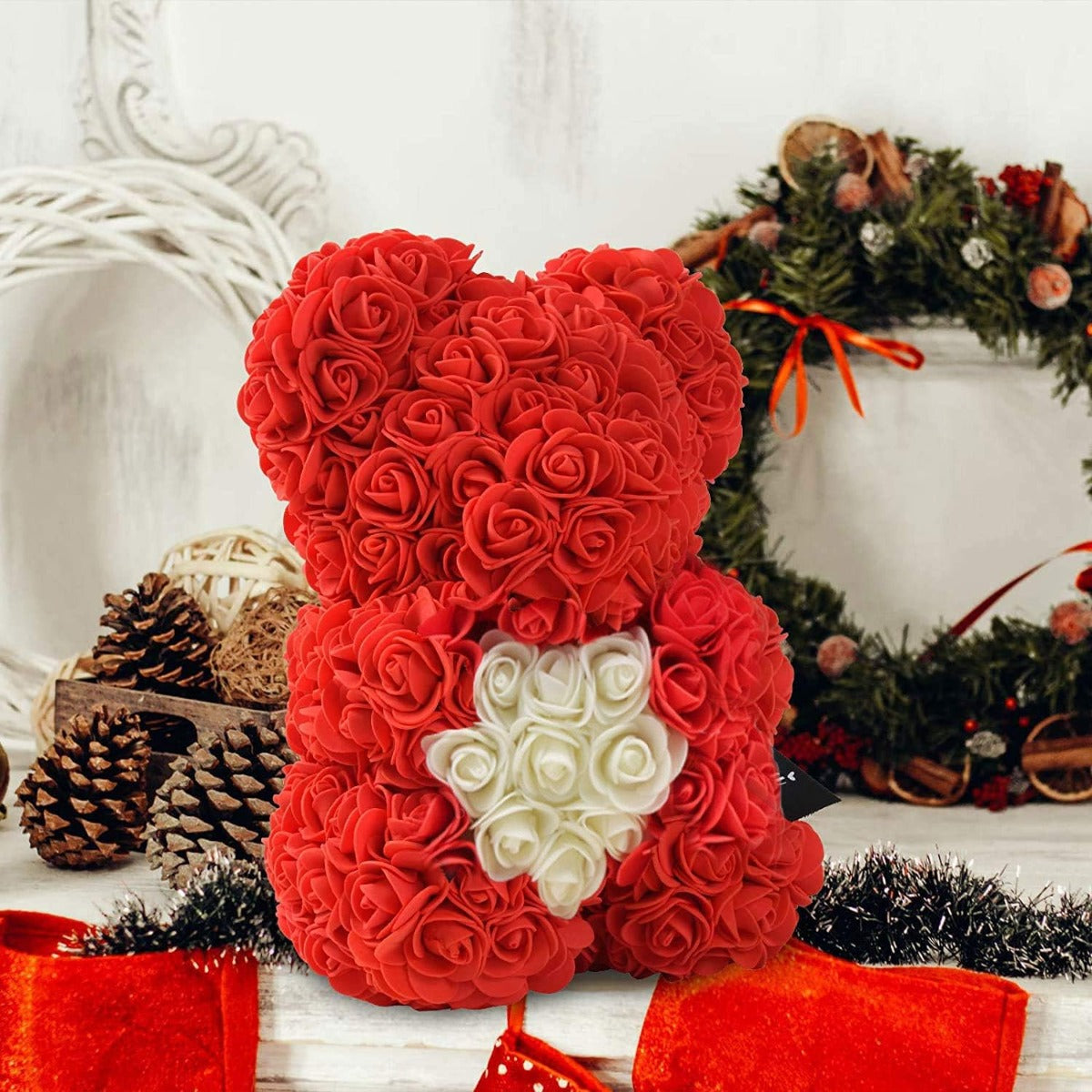 Orso di Fiori Artigianale - Simbolo d'Amore per Eventi Indimenticabili (rosso)