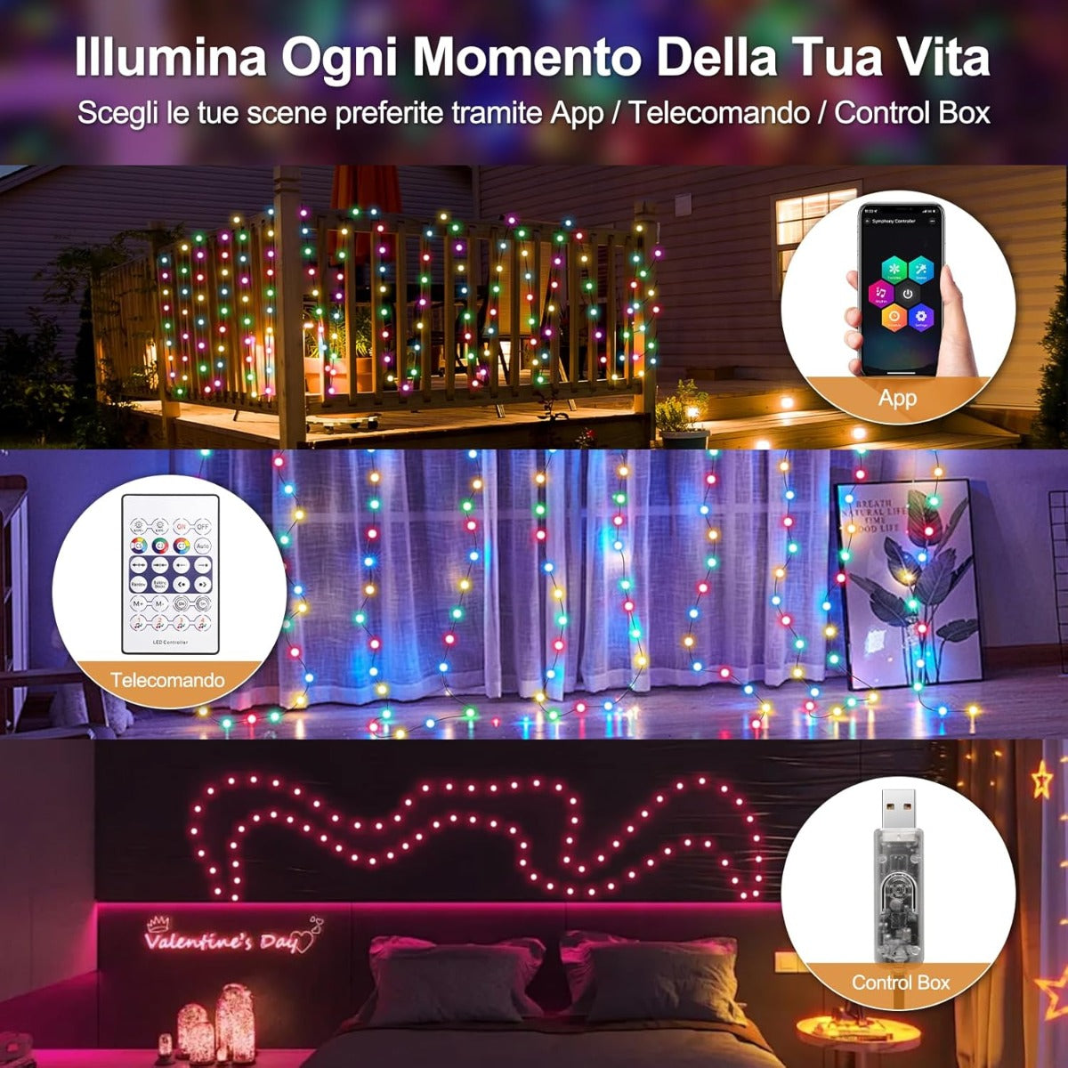 Luci LED Decorative RGB+IC da 7,5 m per Interni ed Esterni – 50 LED Impermeabili in PVC, Controllo via App, Telecomando e USB, Sincronizzazione Musicale, Effetti Personalizzati, Dimmerabili