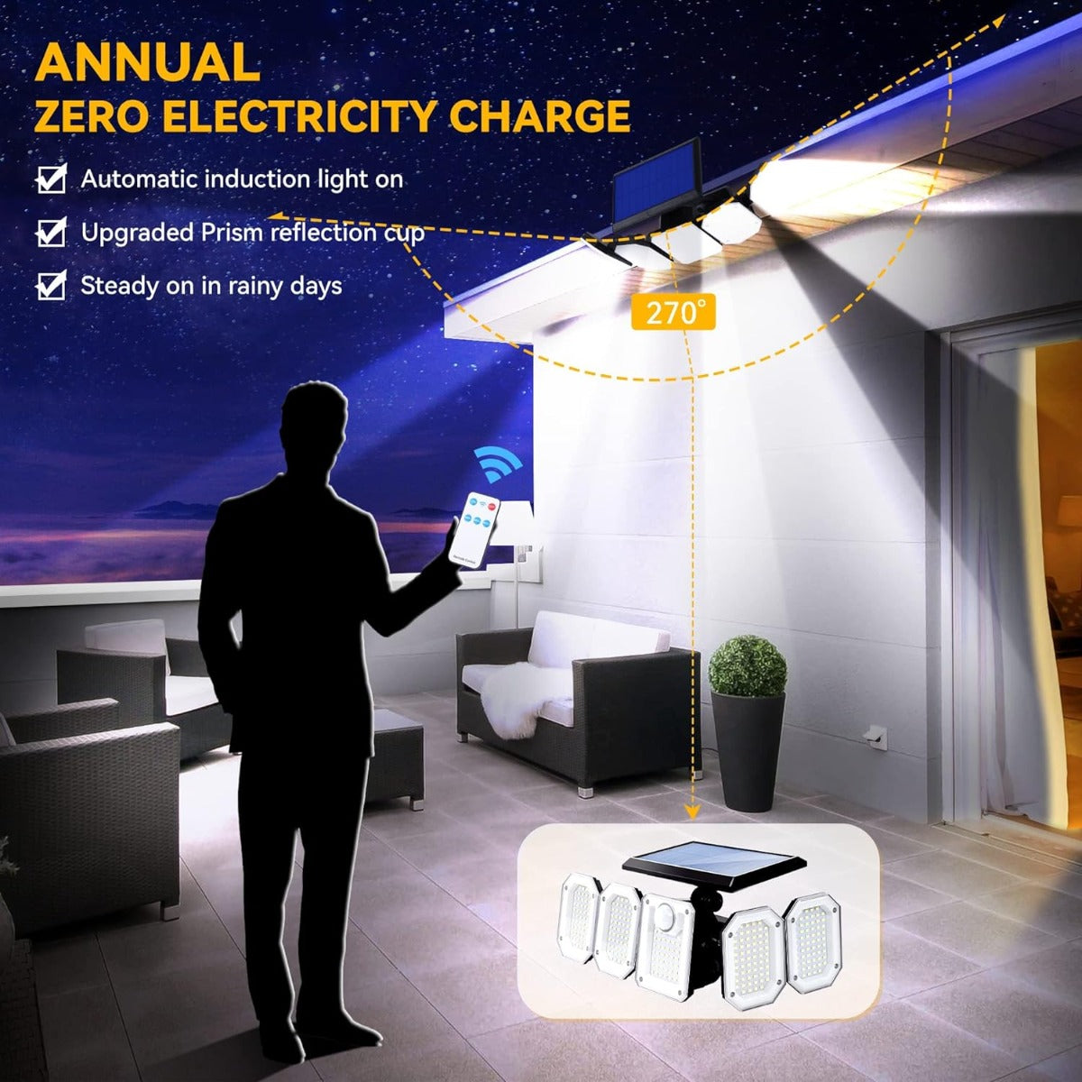 Luce solare led esterno 5 teste 2000 lumen all'aperto 3 modalità 270° angolo di illuminazione da parete ip65 impermeabile da ggiardino