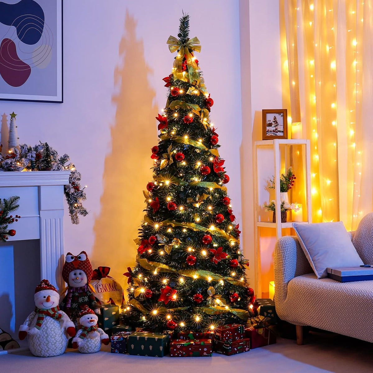 Albero di Natale Pop-Up Preilluminato 150 cm con Luci LED Bianche Calde e Decorazioni Rosso Oro