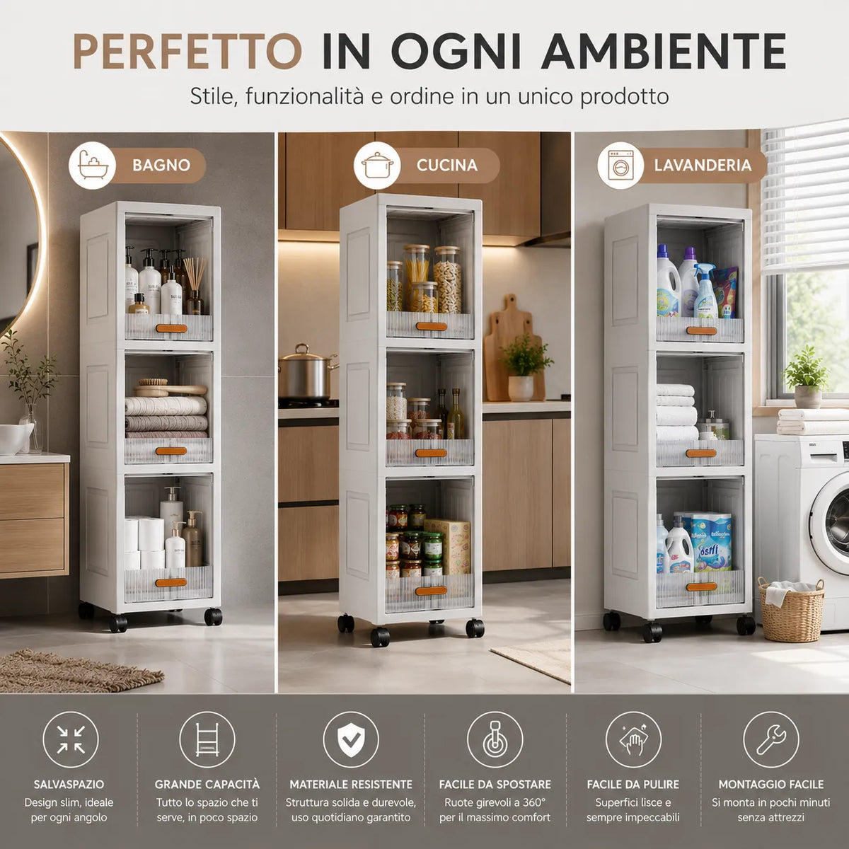 Armadio Slim Salvaspazio con Ruote 360° – Mobile Organizer Multiuso 3 Ripiani per Bagno, Cucina, Lavanderia e Casa