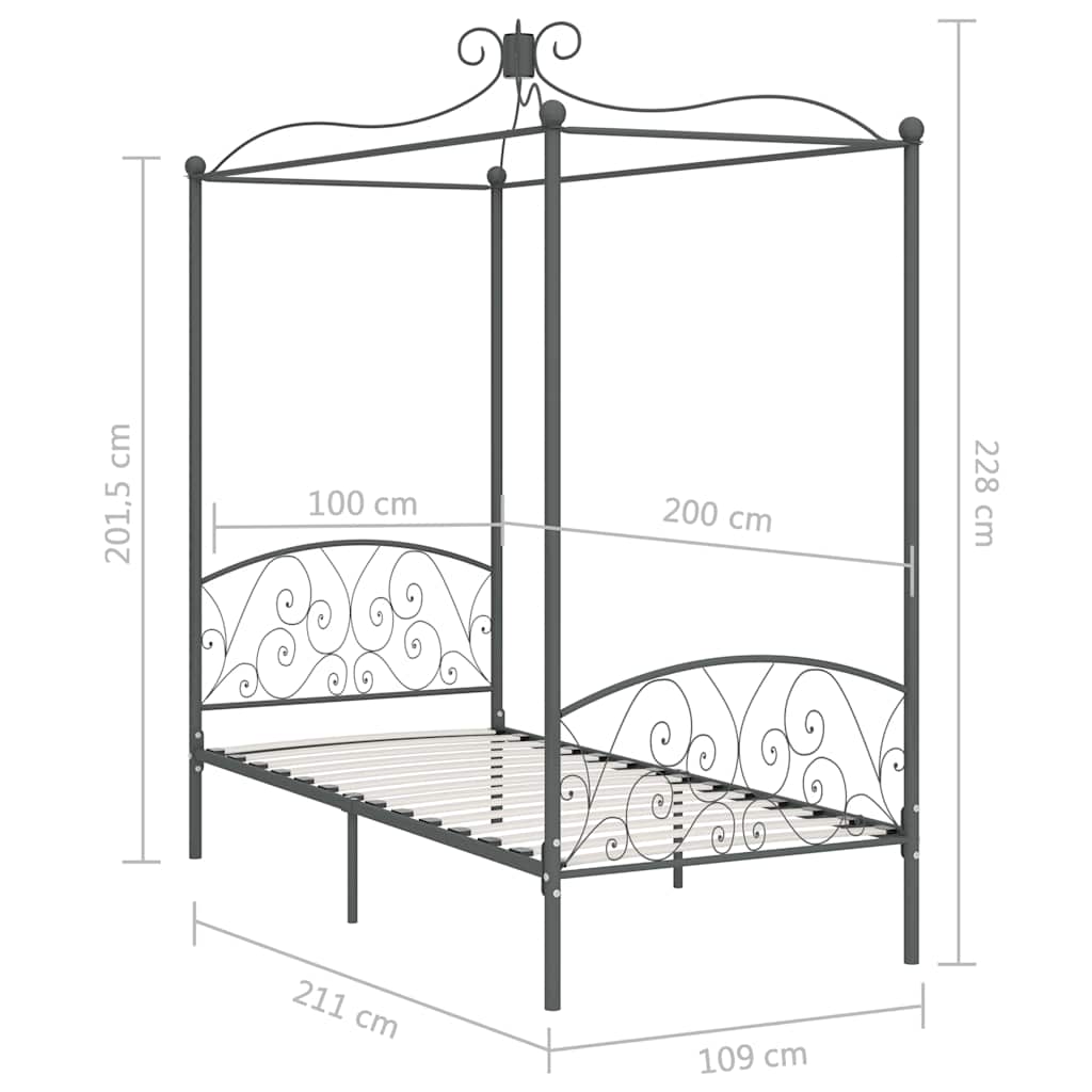 Letto a Baldacchino Grigio in Metallo 100x200 cm