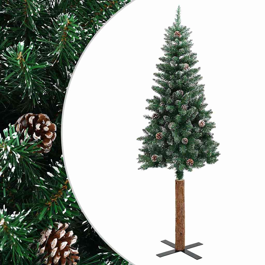 Albero di Natale Sottile con Legno Vero e Neve Verde 180 cm