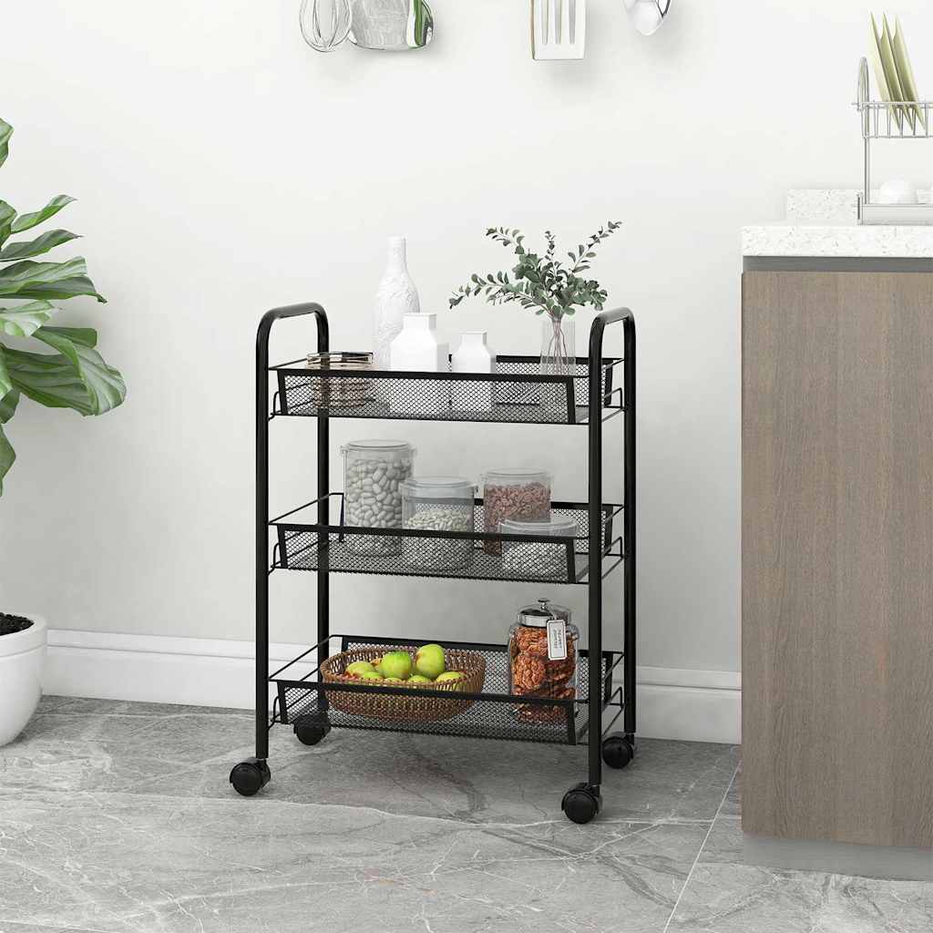 Carrello da Cucina con 3 Ripiani Nero 46x26x64 cm in Ferro