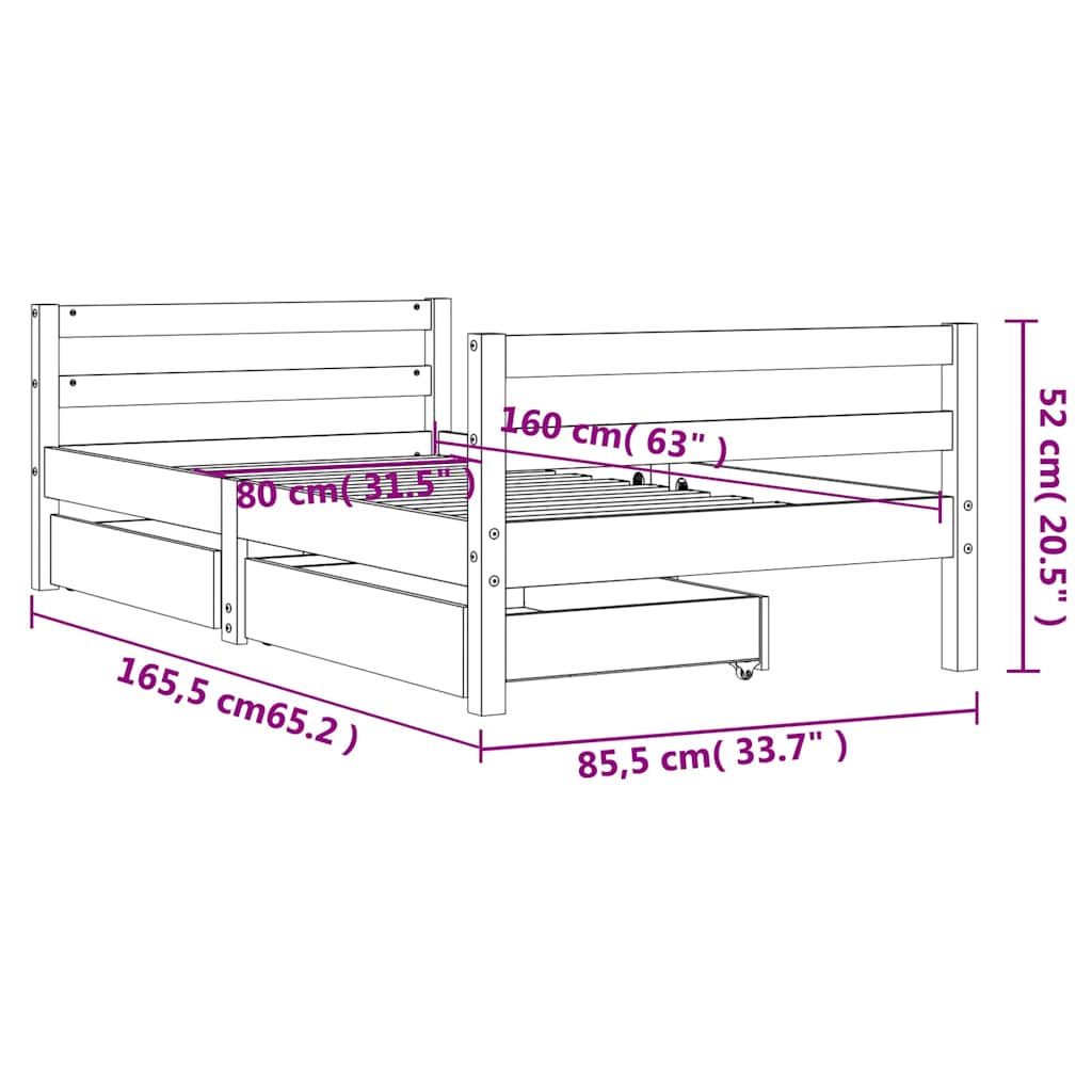Giroletto per Bambini con Cassetti 80x160cm Legno Massello Pino