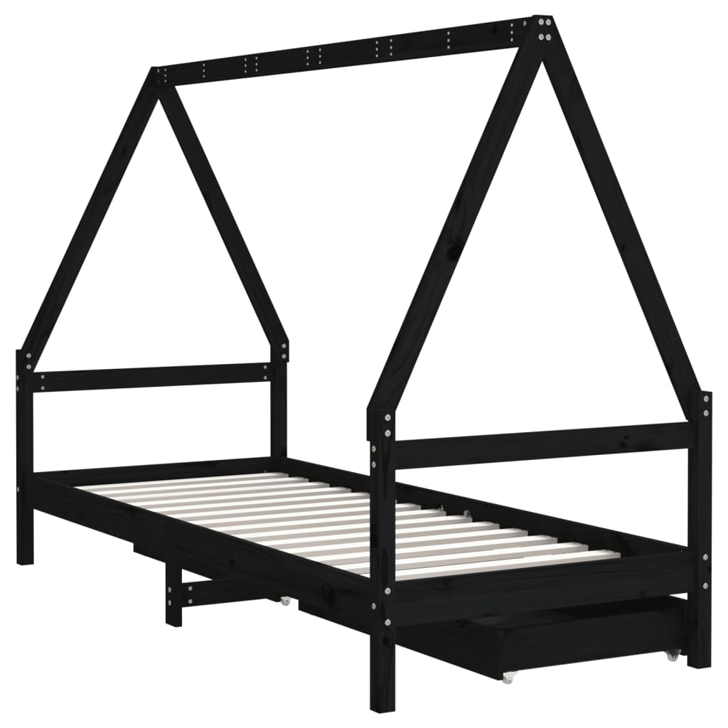Giroletto Bambini con Cassetti Nero 80x200cm Massello di Pino