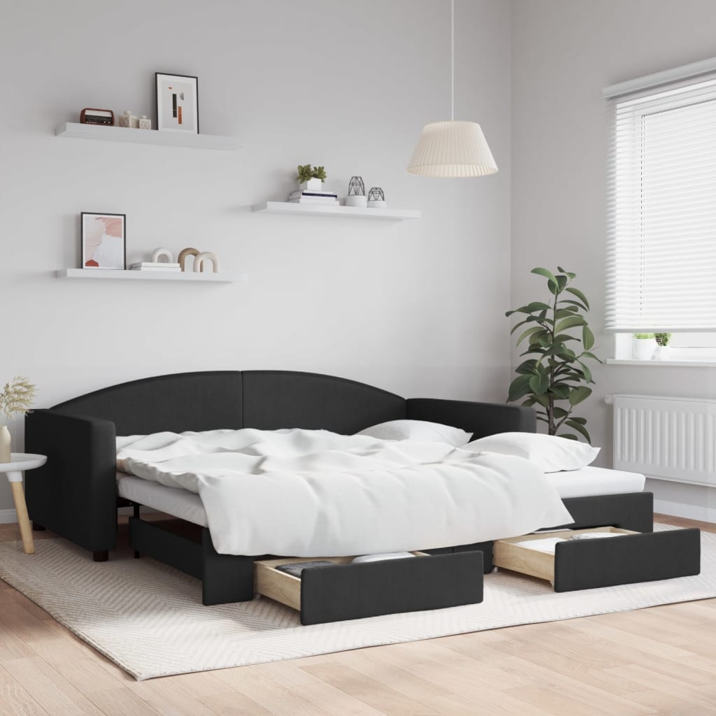 Divano Letto Estraibile con Cassetti Nero 100x200 cm in Tessuto