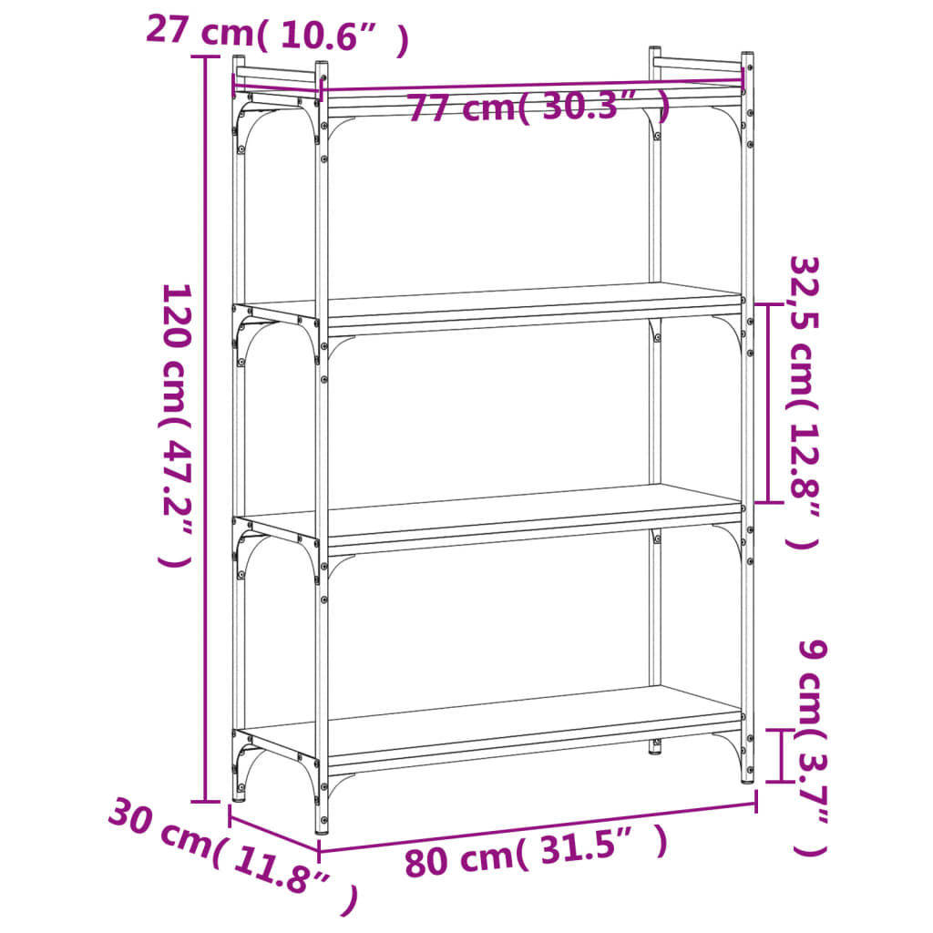 Libreria a 4 Ripiani Nera 80x30x120 cm in Legno Multistrato