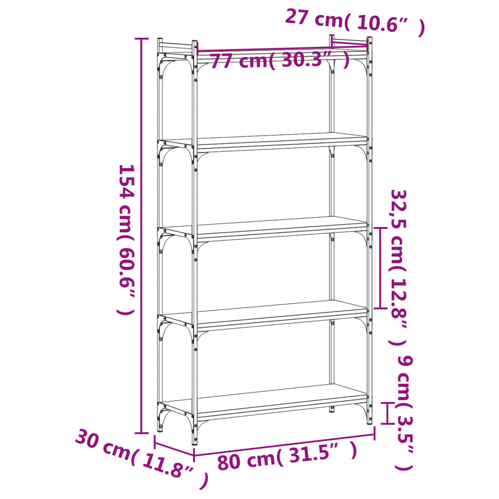 Libreria 5 Ripiani Grigio Sonoma 80x30x154cm Legno Multistrato