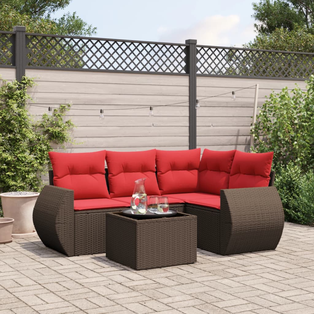 Set Divani da Giardino 5 pz con Cuscini Marrone in Polyrattan