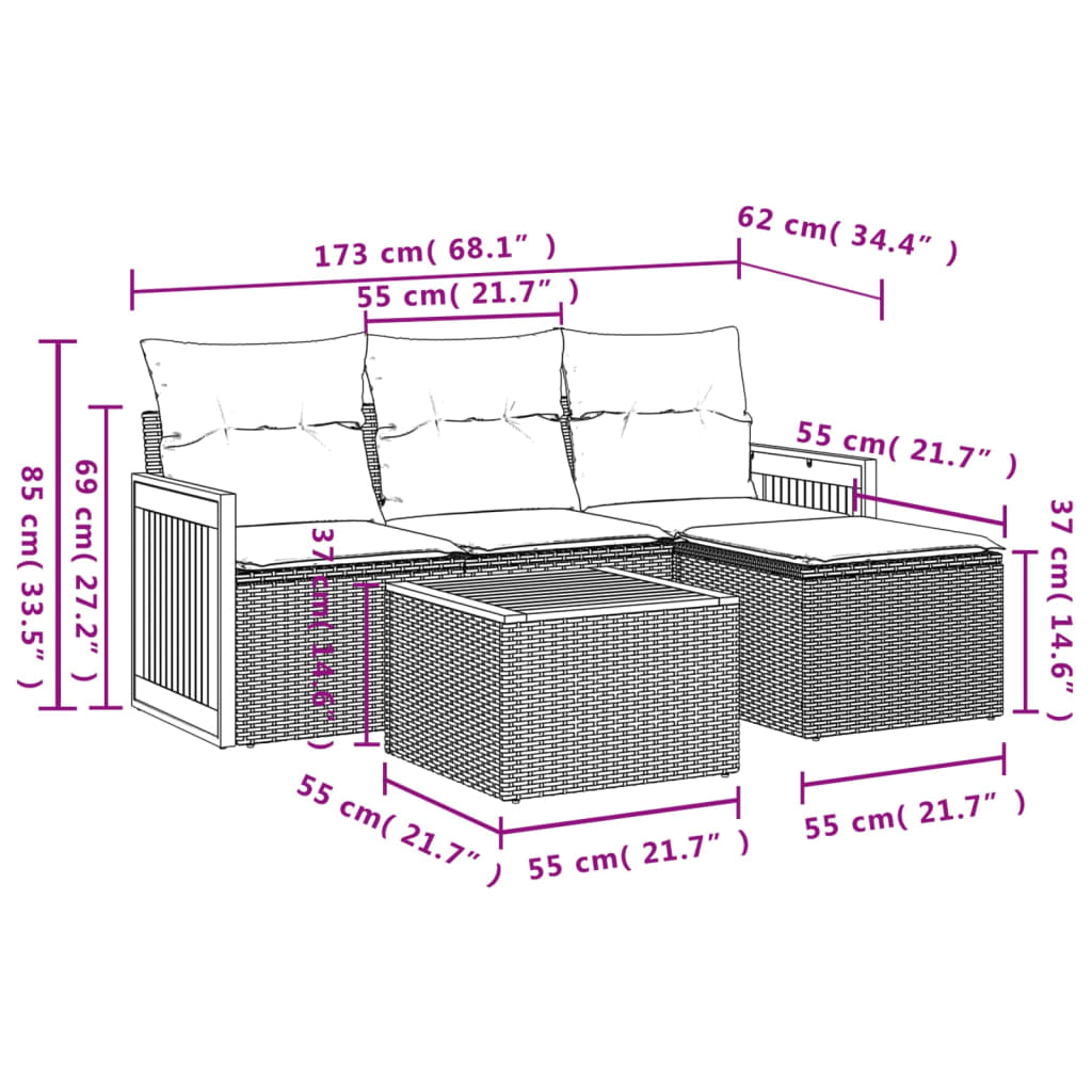 Set Divani da Giardino 5 pz con Cuscini in Polyrattan Nero