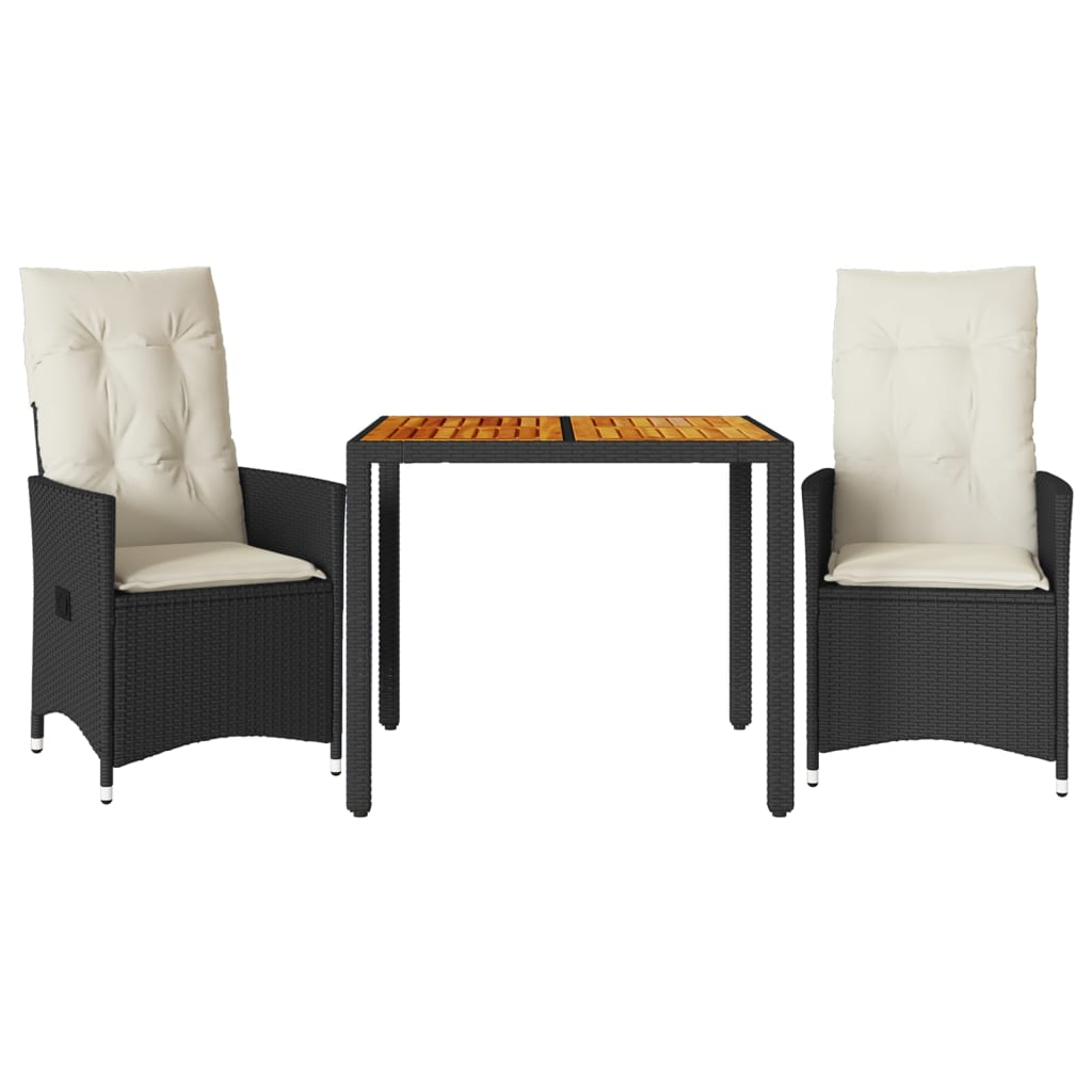 Set da Bistrò 3 pz con Cuscini Nero Polyrattan e Legno Acacia