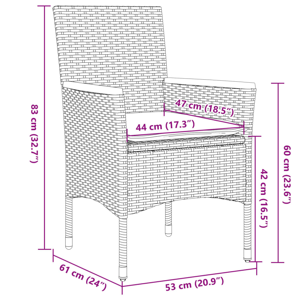 Set da Bistrò 3 pz con Cuscini Nero Polyrattan e Vetro