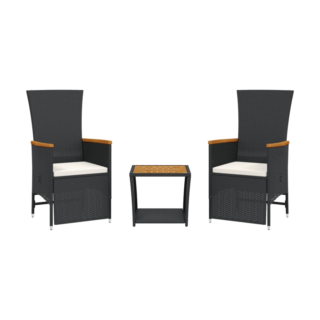 Set da Pranzo da Giardino 3 pz con Cuscini Nero in Polyrattan