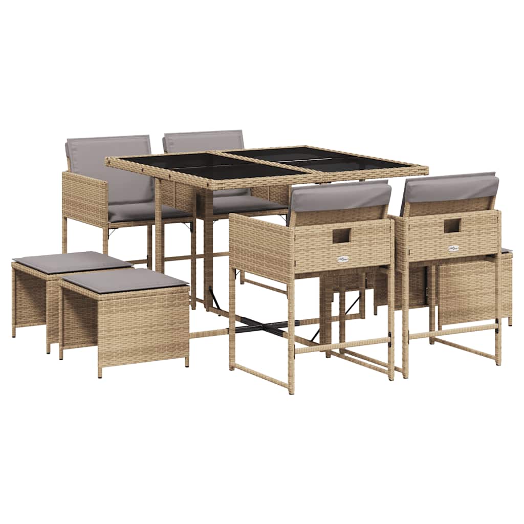 Set Pranzo da Giardino 9 pz con Cuscini Beige Misto Polyrattan