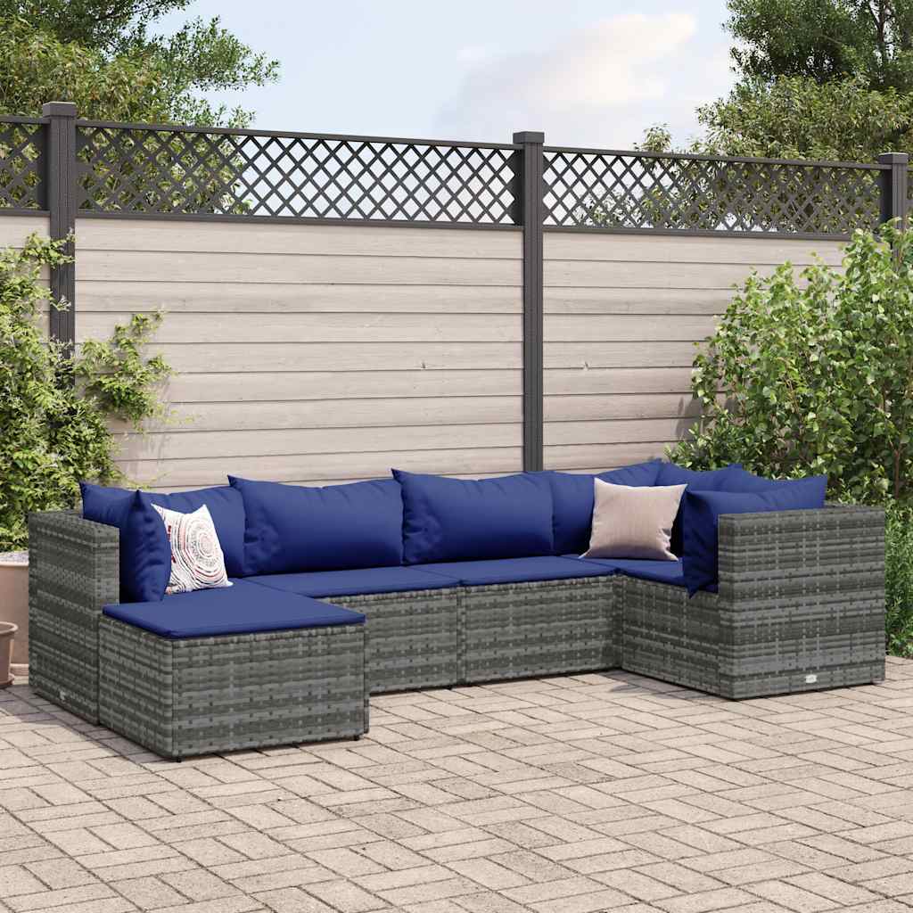 Set Divani da Giardino 6 pz con Cuscini in Polyrattan Grigio