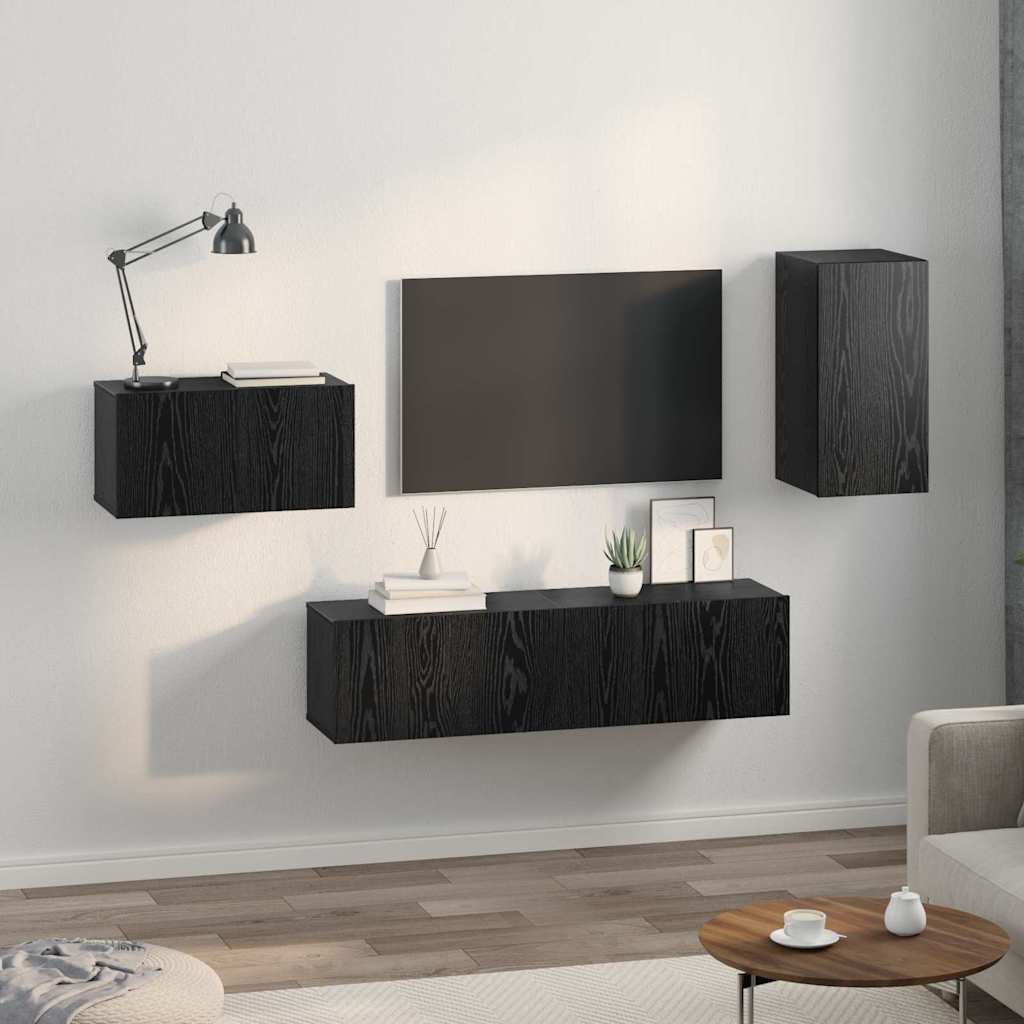 Set mobile TV 4 pz Rovere Nero Legno ingegnerizzato