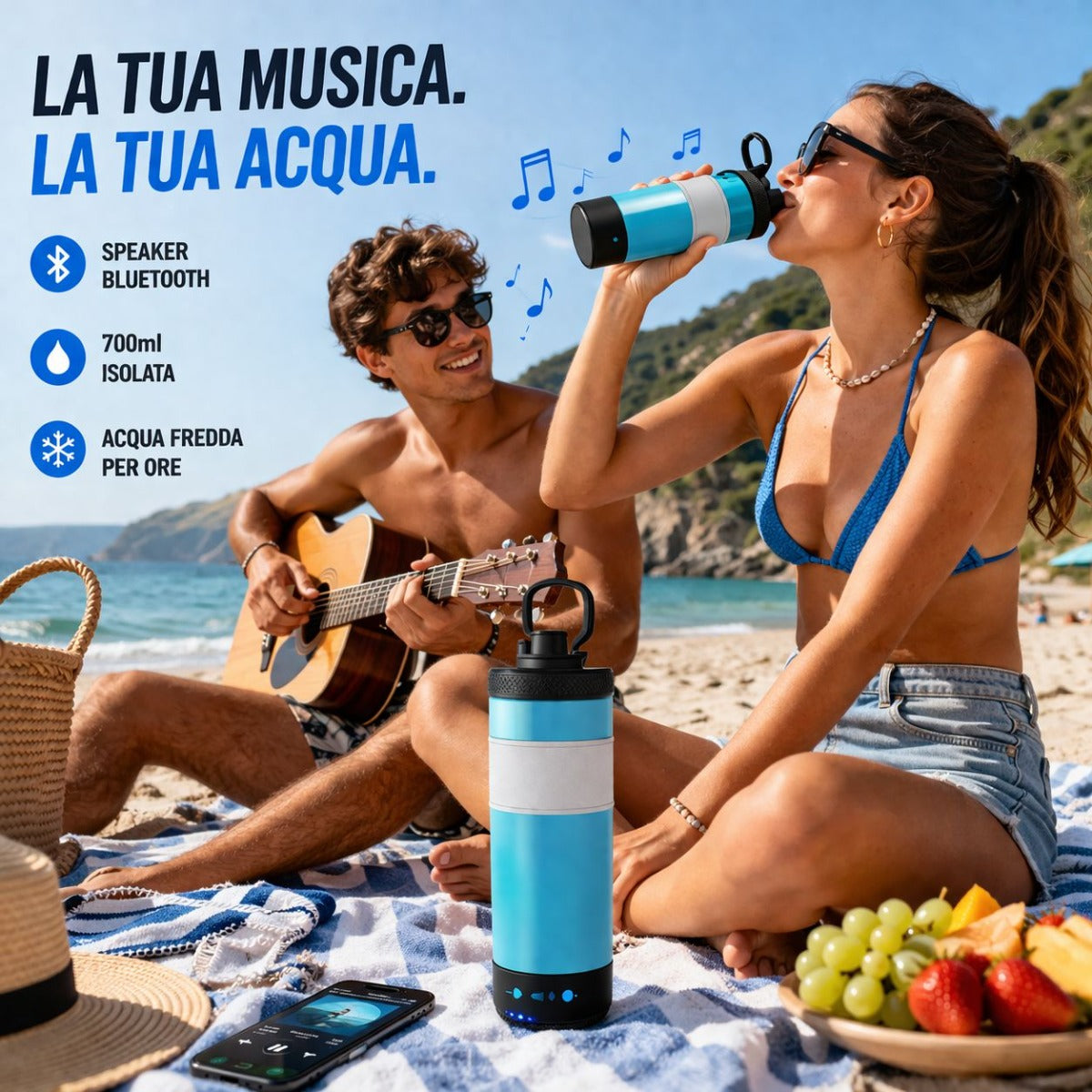 Borraccia Termica 700ML con Speaker Bluetooth Integrato – Wireless, Ricaricabile, Slot TF Card, Design Moderno