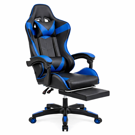 Poltrona Gaming Ergonomica Reclinabile con Poggiapiedi Estraibile, Cuscini Lombare e Cervicale, Altezza Regolabile-Blue