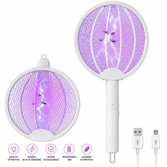 Racchetta Zanzare Elettrica 2 in 1 con Lampada UV Antizanzare Pieghevole USB Ricaricabile per Casa Campeggio Giardino