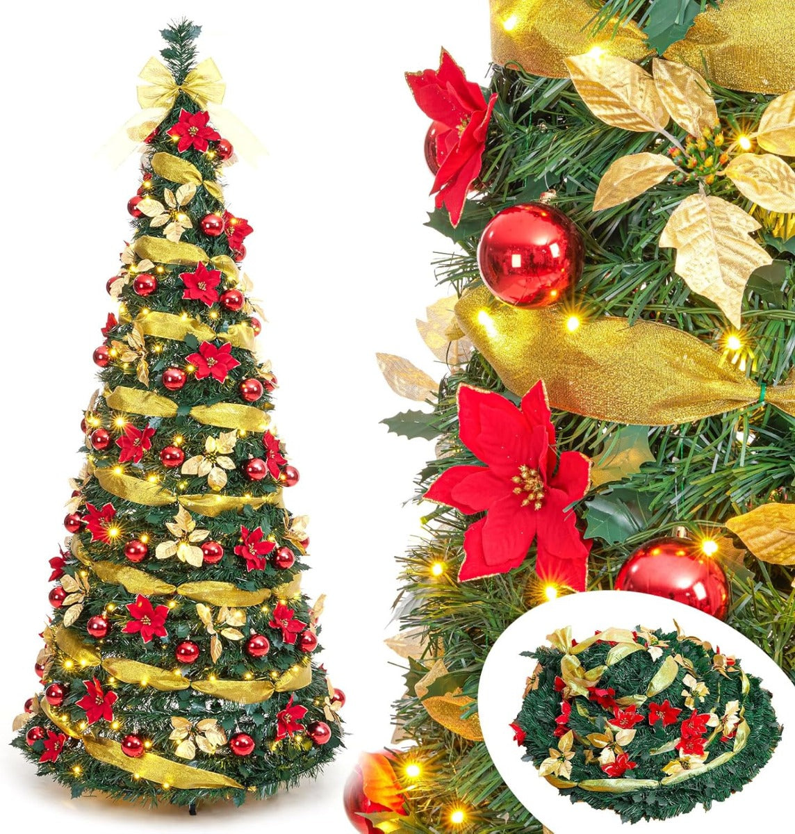 Albero di Natale Pop-Up Preilluminato 150 cm con Luci LED Bianche Calde e Decorazioni Rosso Oro