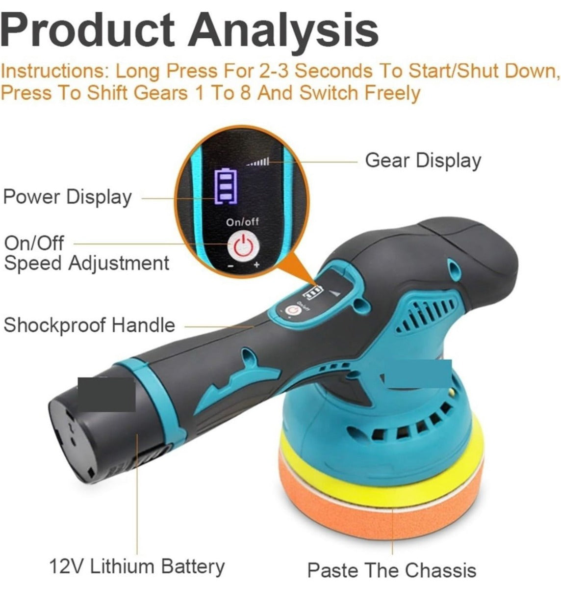 Lucidatrice rotorbitale con singola batteria 12v 6 velocità levigatrice per auto