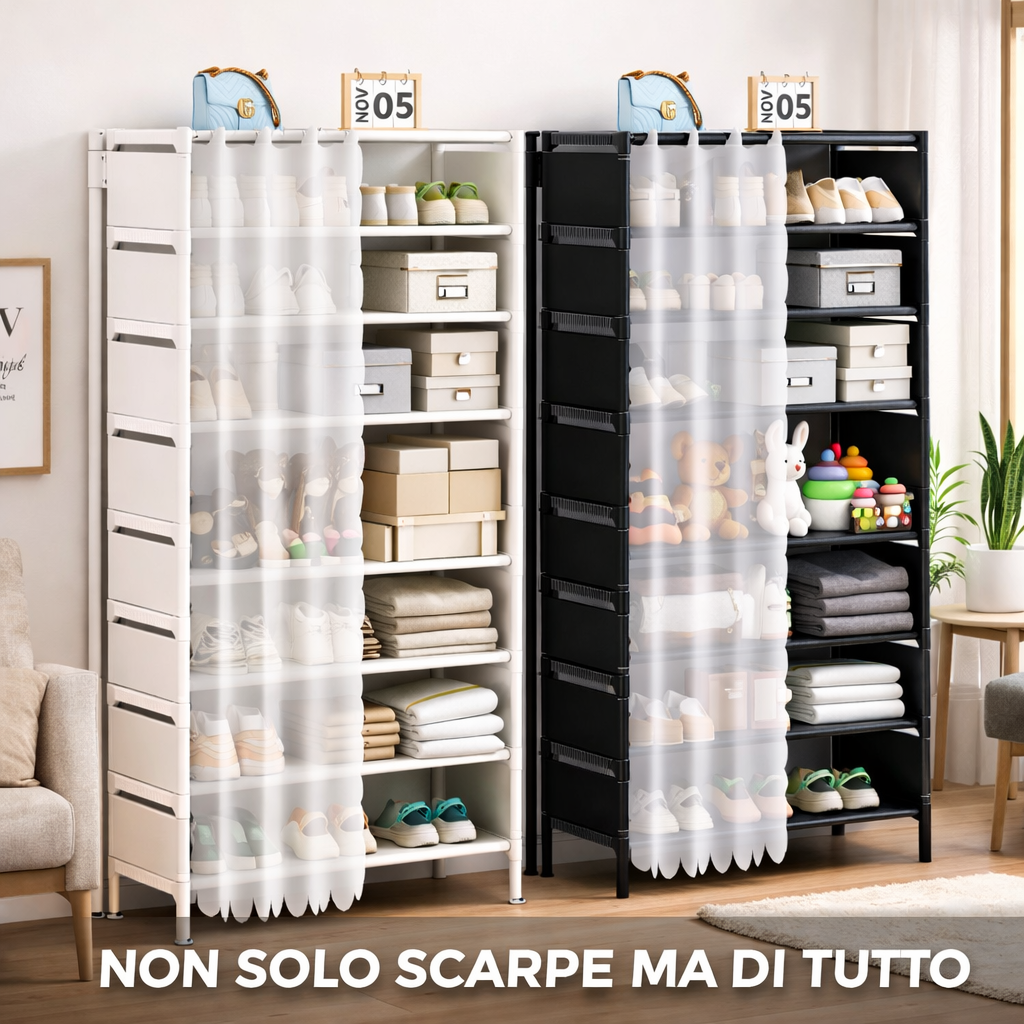 Scarpiera 7 ripiani con tenda copripolvere – salvaspazio in acciaio multifunzione per scarpe e oggetti