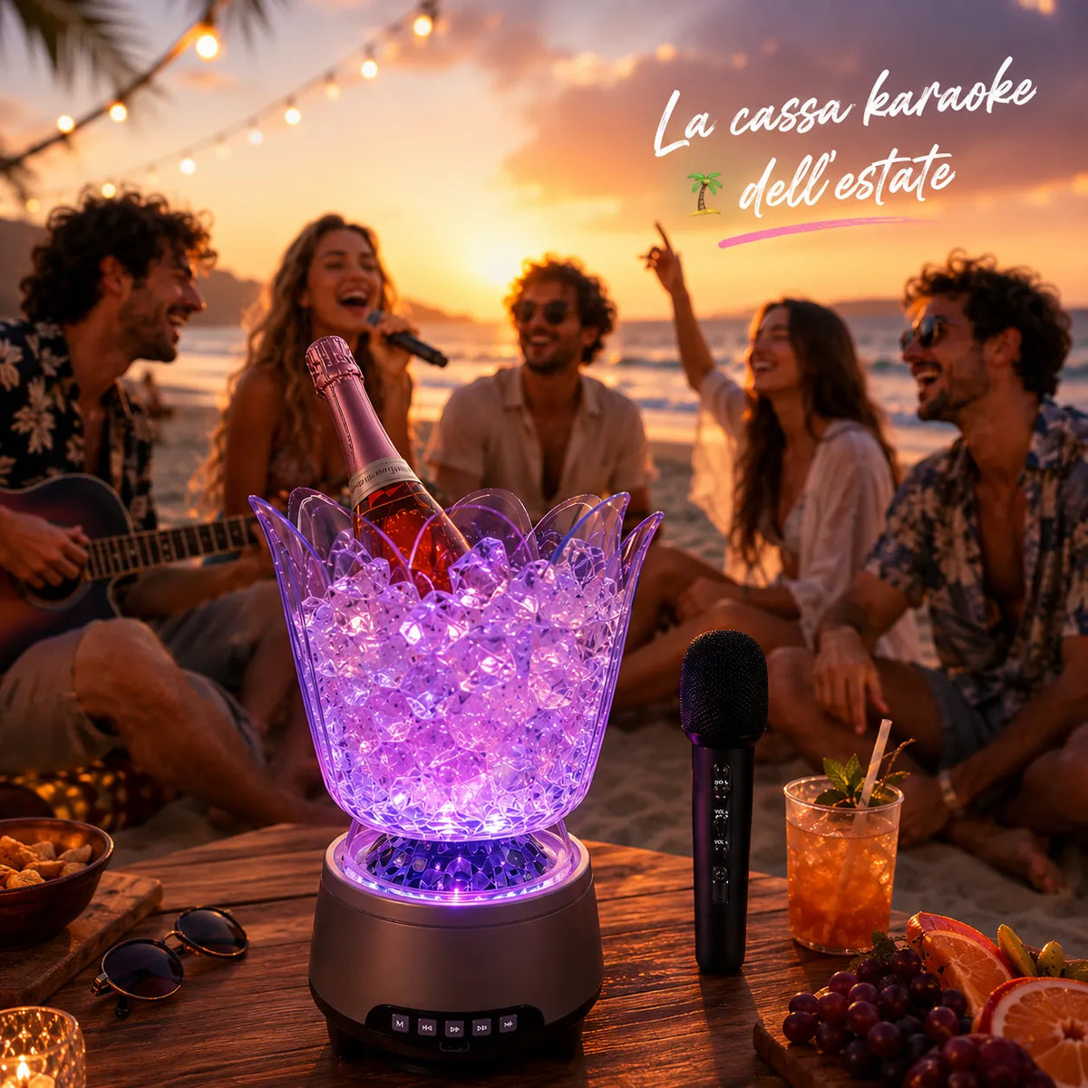 Secchiello Ghiaccio Karaoke Bluetooth con Microfono Wireless RGB – Ice Bucket Speaker LED Portatile per Feste, Spiaggia e Aperitivi – Effetti Luminosi Multicolor