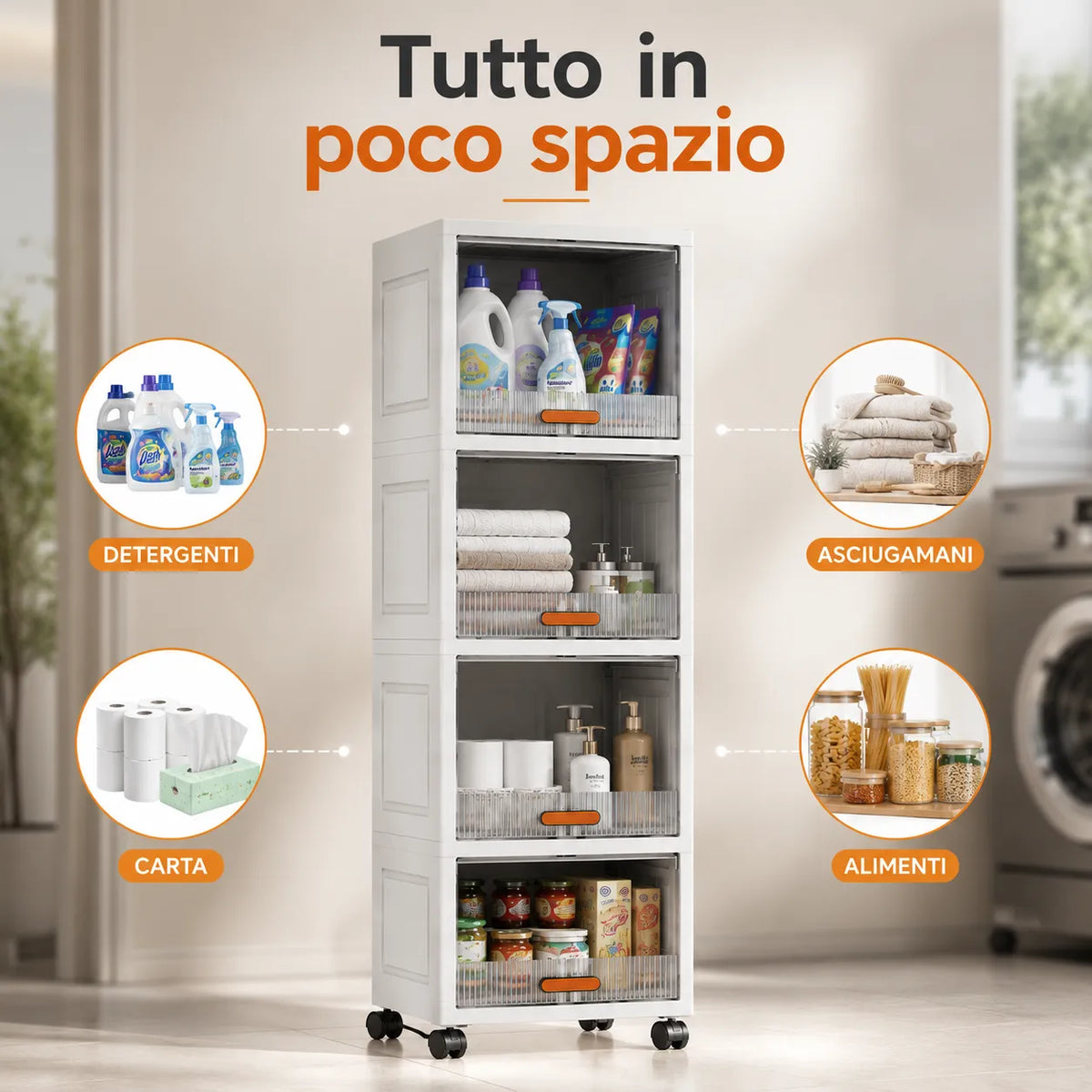 Armadio Slim Salvaspazio con Ruote 360° – Mobile Organizer Multiuso 3 Ripiani per Bagno, Cucina, Lavanderia e Casa