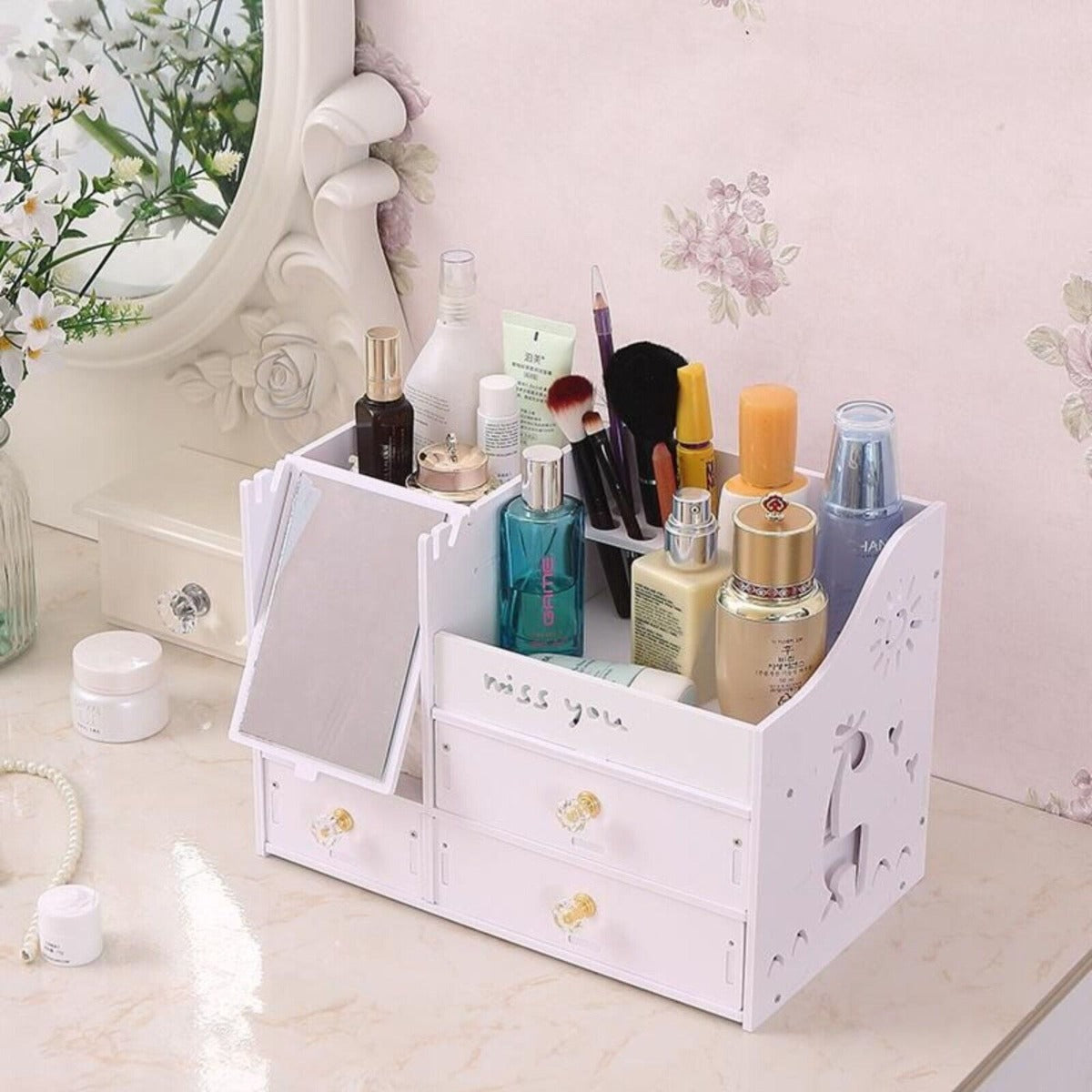 Organizzatore per cosmetici porta trucchi organizer con cassetti e specchio