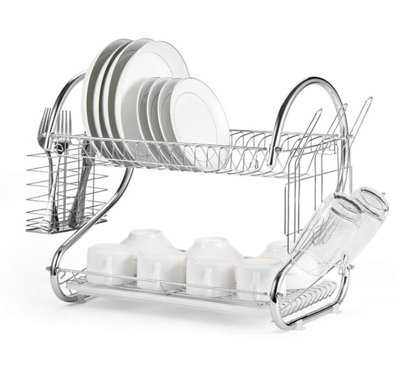 Scolapiatti da cucina in acciaio inossidabile a due piani con piatto unico