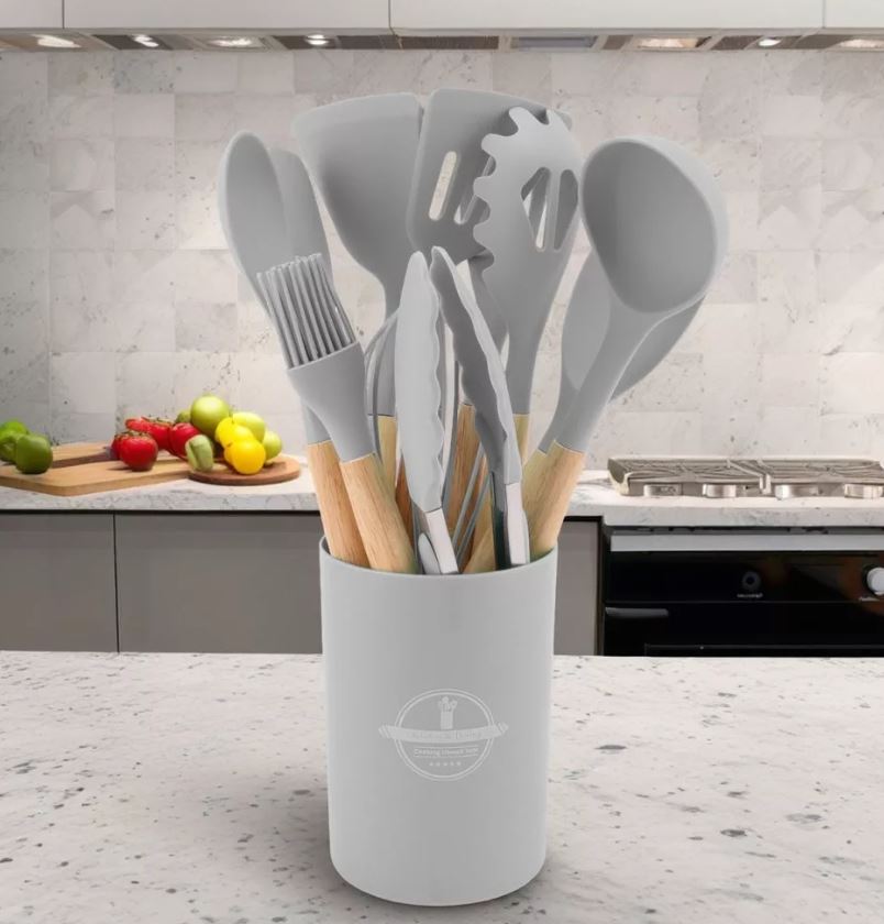 Set di 12 Utensili da Cucina in Silicone – Resistenti al Calore, Antiaderenti e Lavabili in Lavastoviglie (grigio)