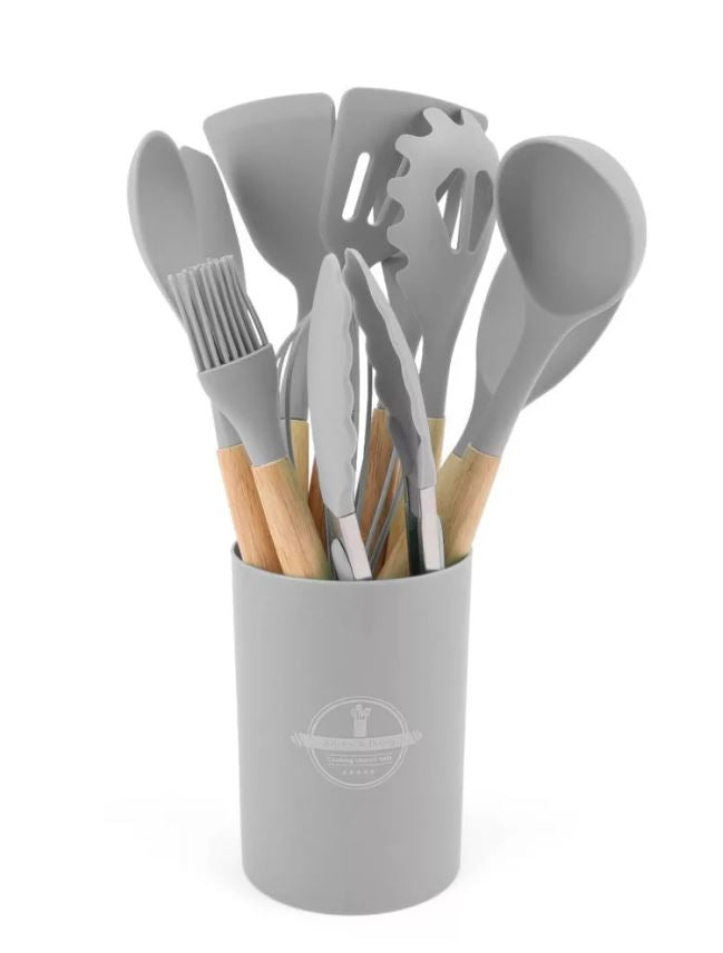 Set di 12 Utensili da Cucina in Silicone – Resistenti al Calore, Antiaderenti e Lavabili in Lavastoviglie (grigio)
