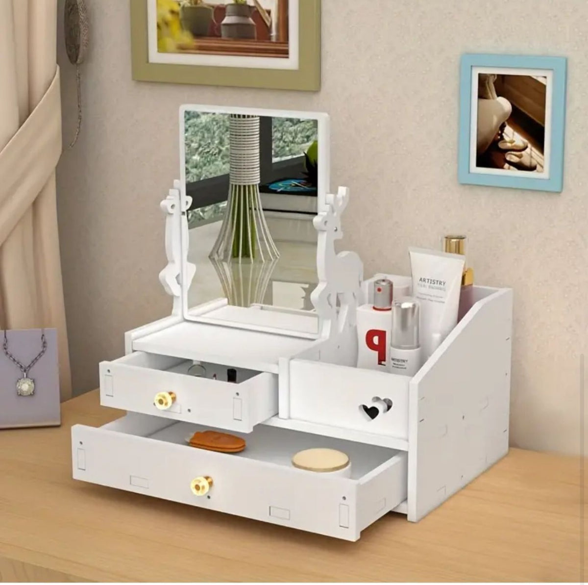 Specchio per Trucco con Cassetti e Design DIY – Specchio Cosmetico da Vanity in Legno Bianco