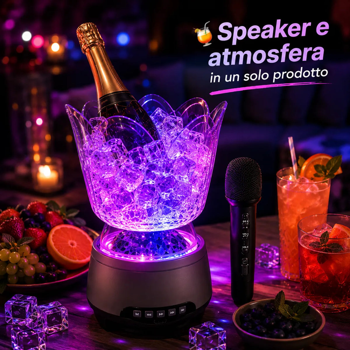 Secchiello Ghiaccio Karaoke Bluetooth con Microfono Wireless RGB – Ice Bucket Speaker LED Portatile per Feste, Spiaggia e Aperitivi – Effetti Luminosi Multicolor