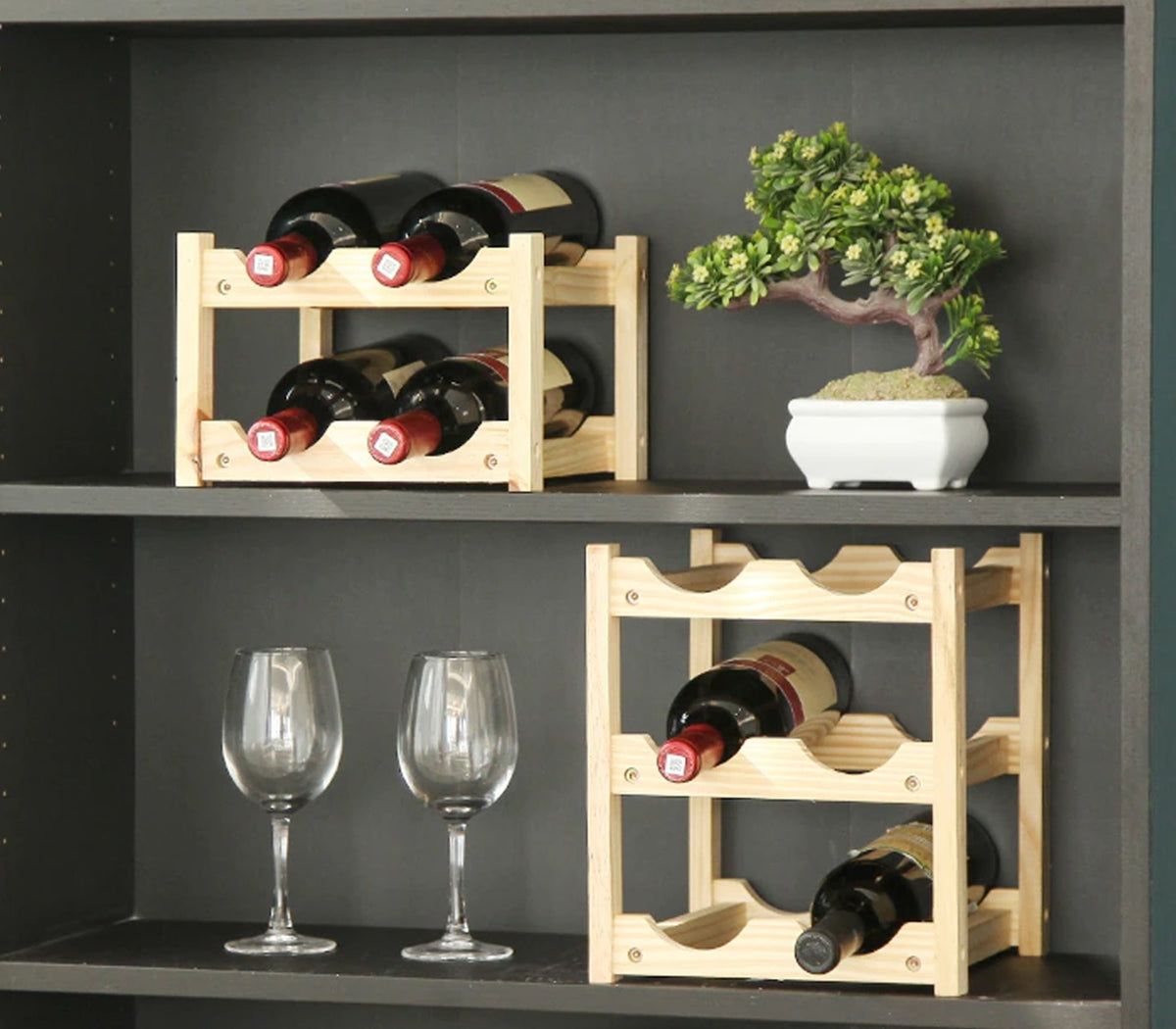 Portabottiglie vino legno di pino naturale impilabile cantinetta 2 ripiani
