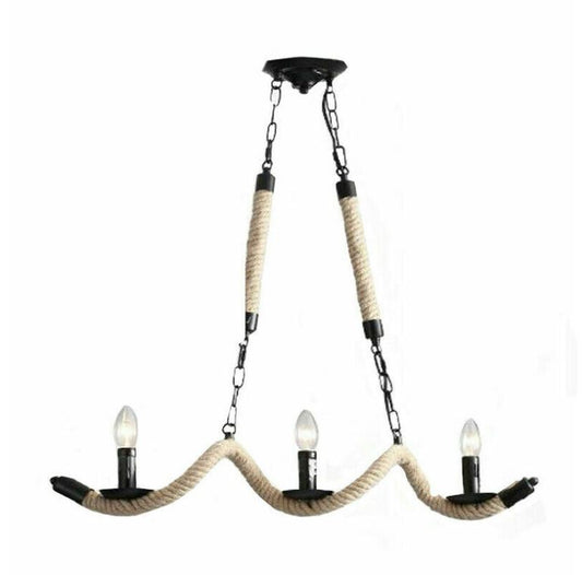 Lampadario Vintage a Sospensione A40-3 con 3 Portalampade E14 – Design Rustico in Corda di Canapa e Metallo