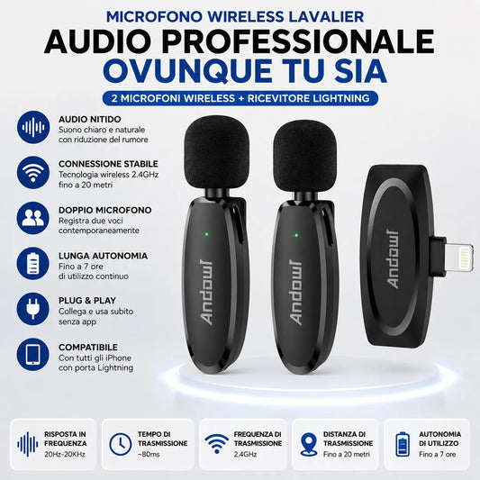 Microfono Wireless Lavalier per iPhone Lightning Senza Fili con Riduzione del Rumore – Plug & Play