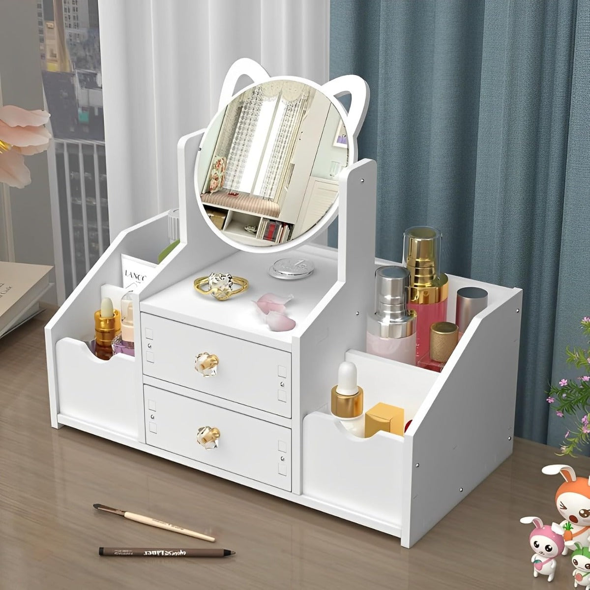 Organizzatore Trucco in Legno con Specchio Rotante 360°