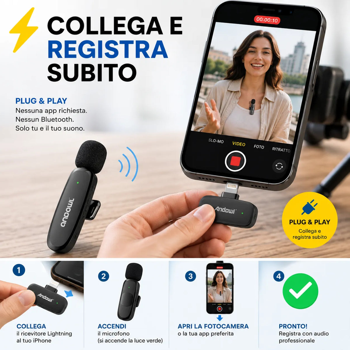 Microfono Wireless Lavalier per iPhone Lightning Senza Fili con Riduzione del Rumore – Plug & Play